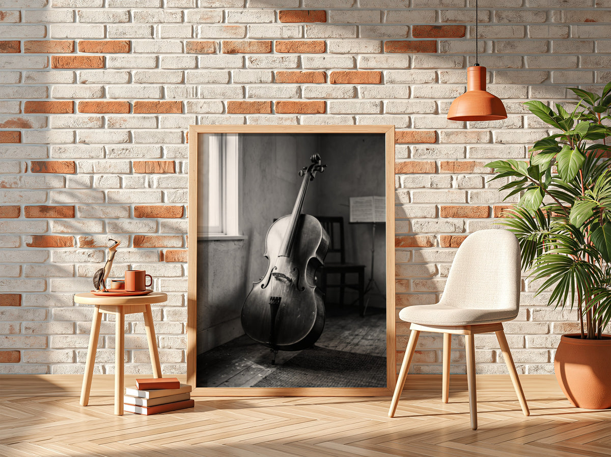 Poster of cello resting in a softly lit room with black and white tones and wooden floor