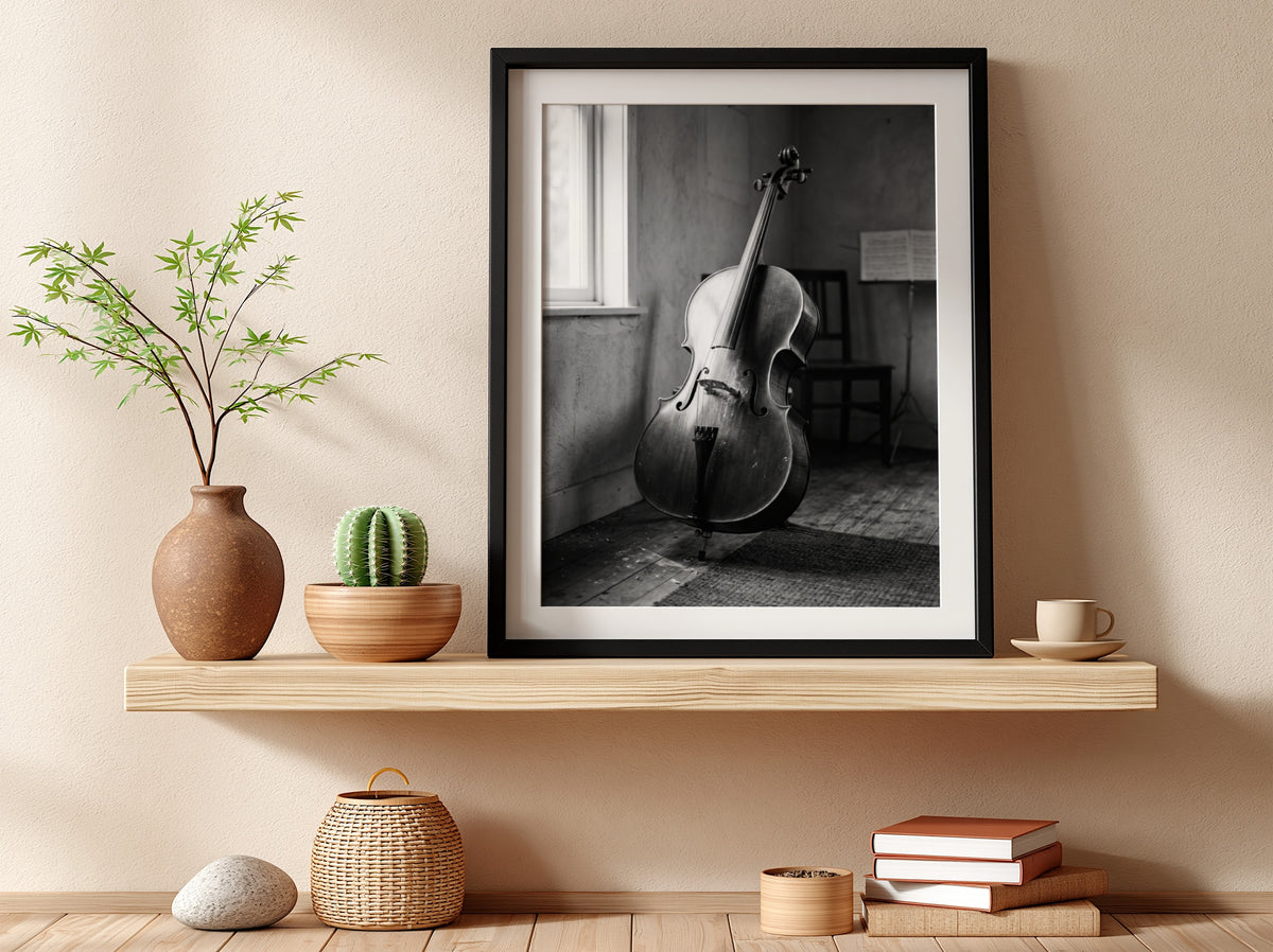 Poster of cello resting in a softly lit room with black and white tones and wooden floor