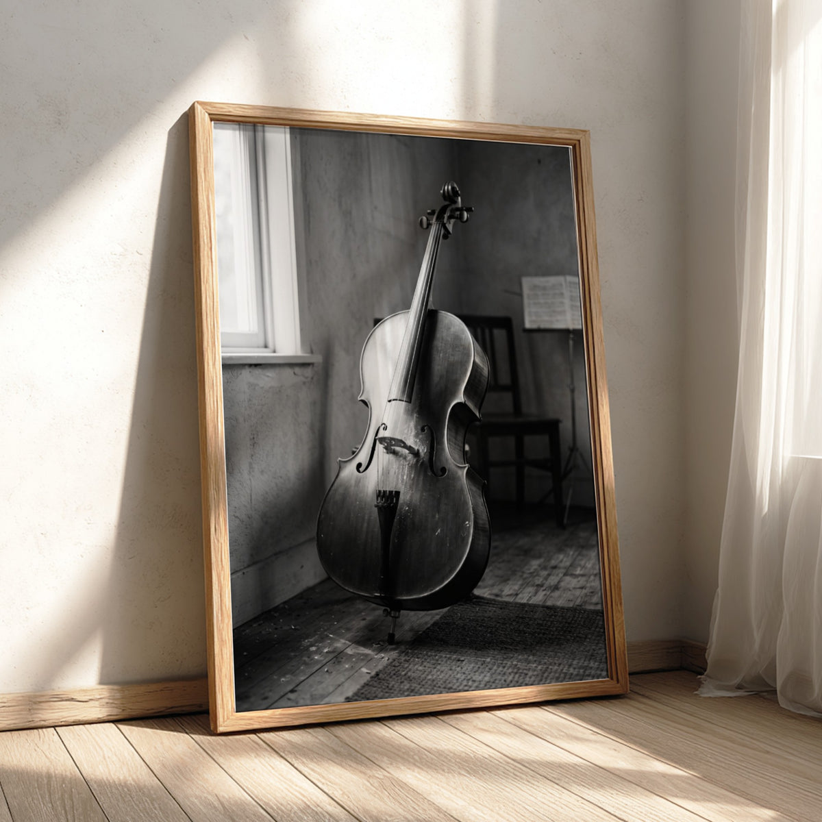 Poster of cello resting in a softly lit room with black and white tones and wooden floor