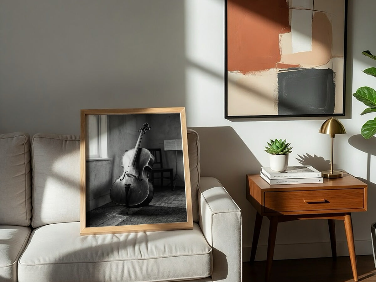 Poster of cello resting in a softly lit room with black and white tones and wooden floor