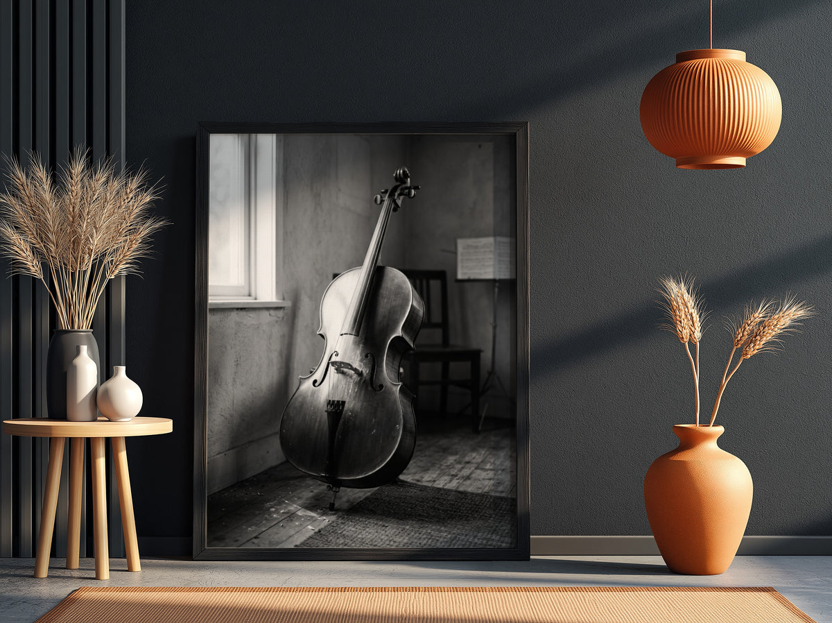 Poster of cello resting in a softly lit room with black and white tones and wooden floor