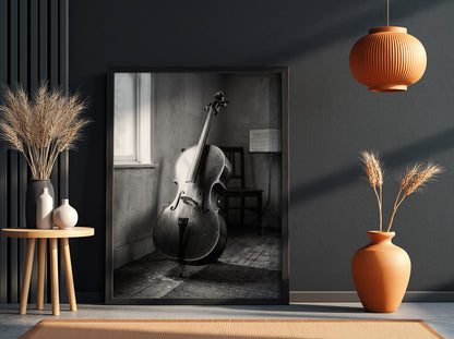 Poster of cello resting in a softly lit room with black and white tones and wooden floor