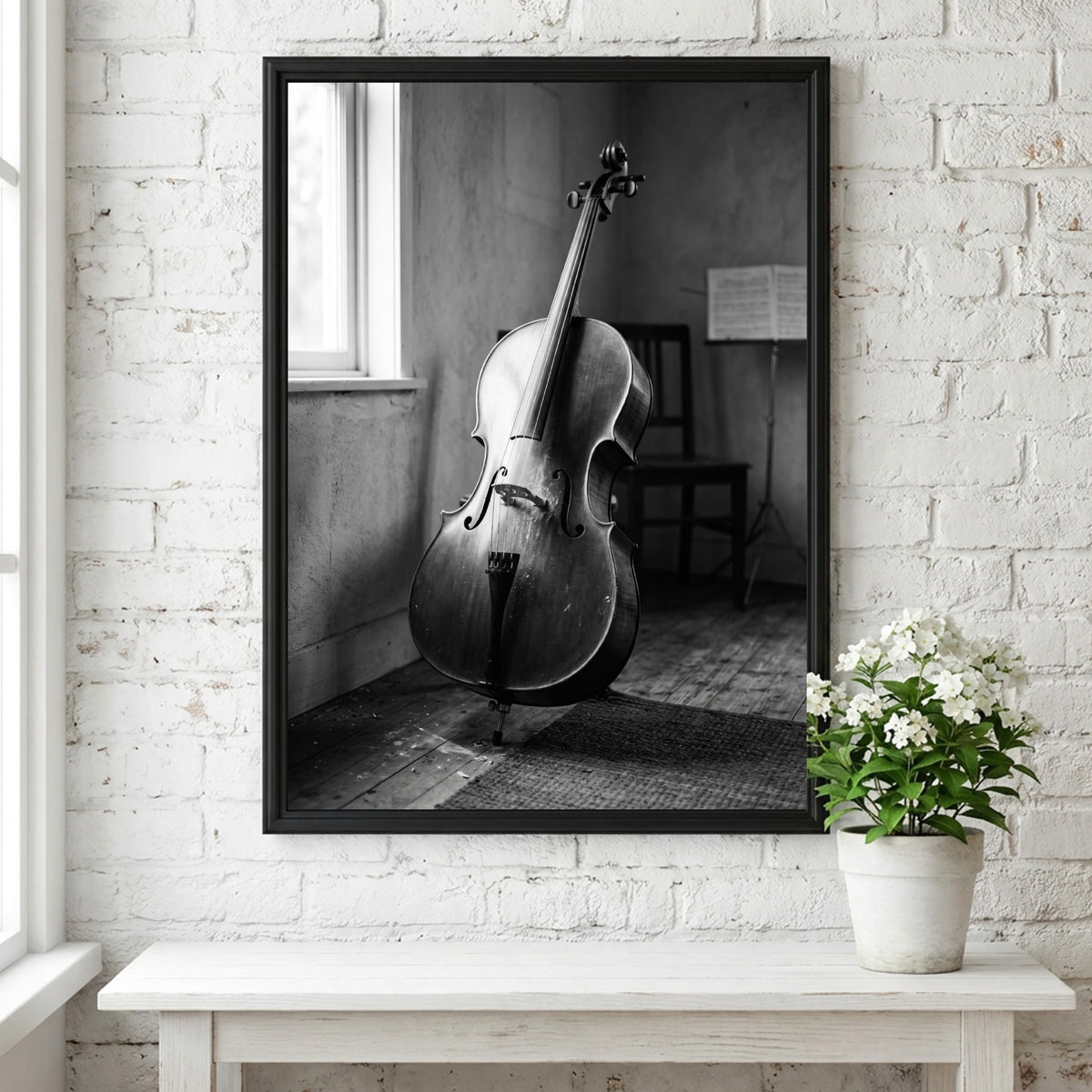 Poster of cello resting in a softly lit room with black and white tones and wooden floor