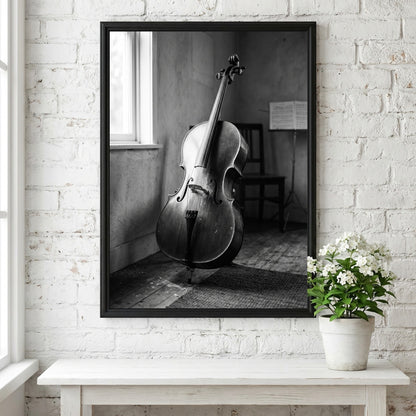 Poster of cello resting in a softly lit room with black and white tones and wooden floor
