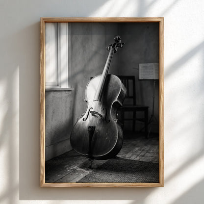 Poster of cello resting in a softly lit room with black and white tones and wooden floor