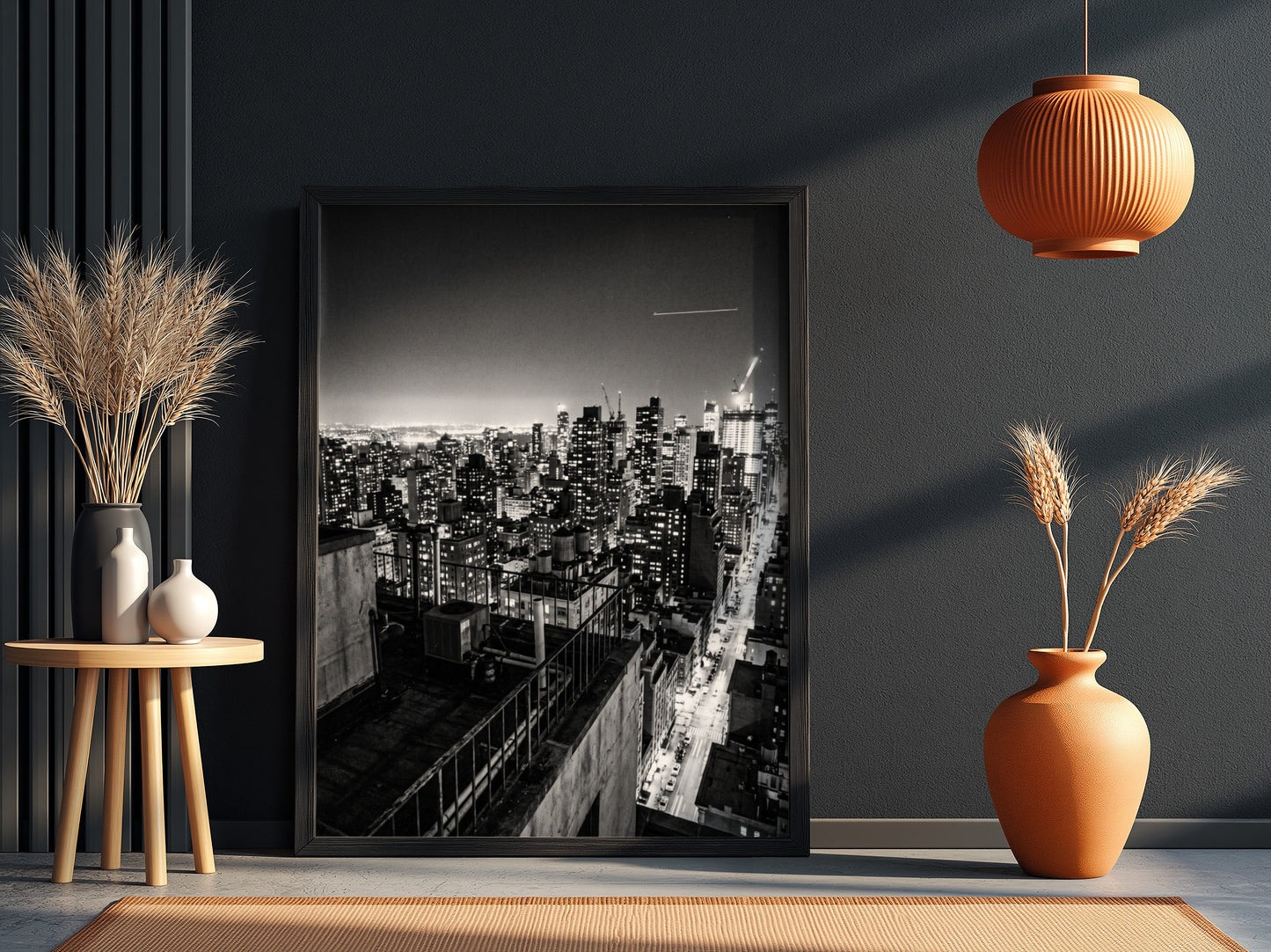 City skyline at night poster in black and white with glowing lights and tall buildings