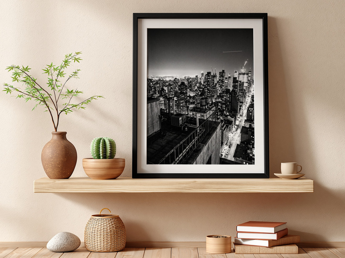 City skyline at night poster in black and white with glowing lights and tall buildings