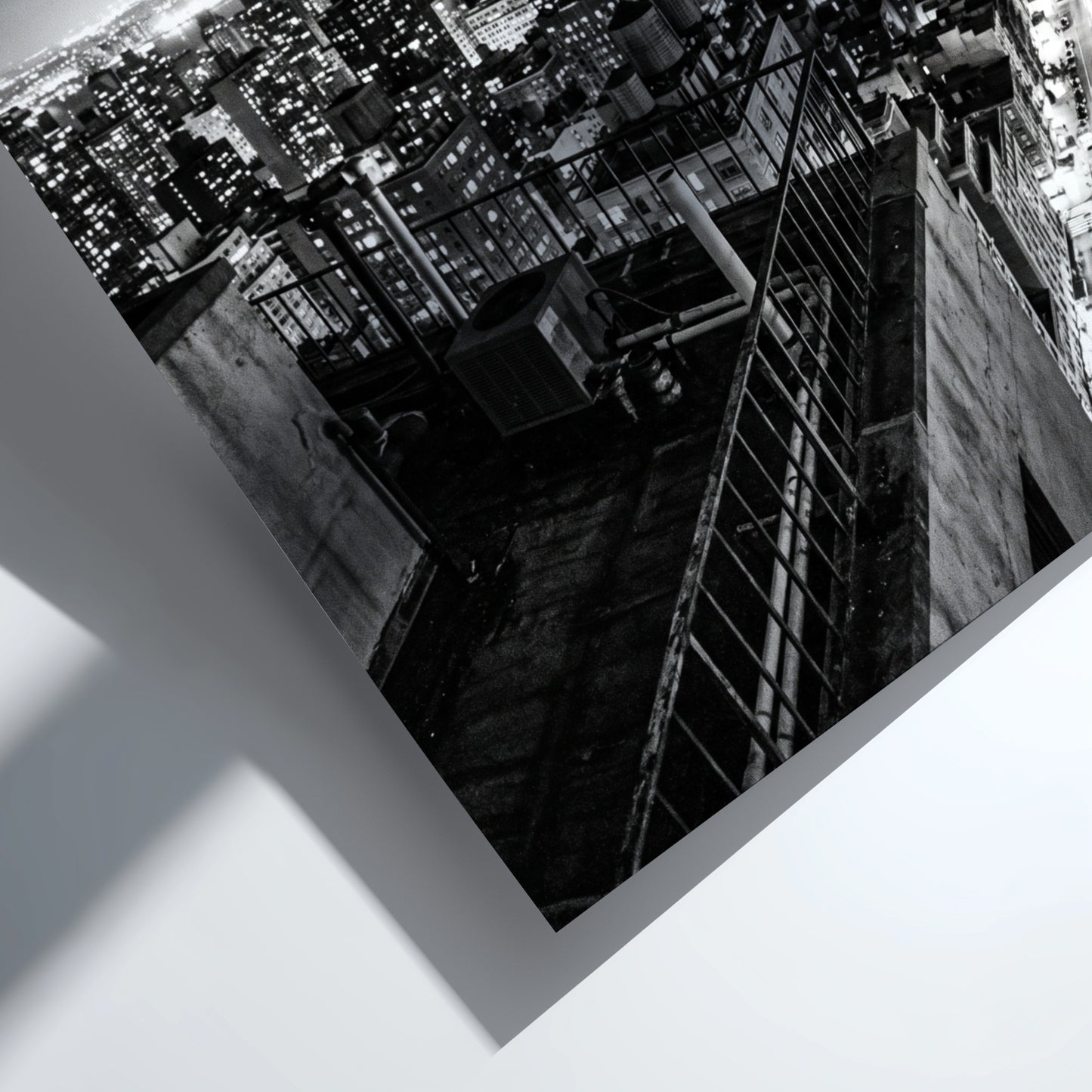 City skyline at night poster in black and white with glowing lights and tall buildings