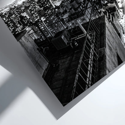 City skyline at night poster in black and white with glowing lights and tall buildings