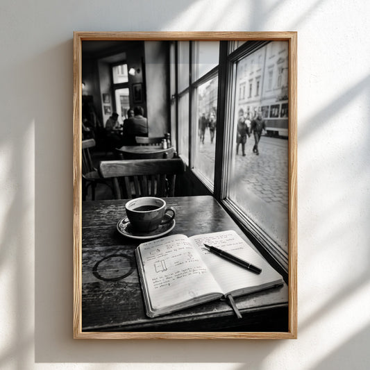 Black and white poster showing coffee cup and open notebook on wooden table by window with street view