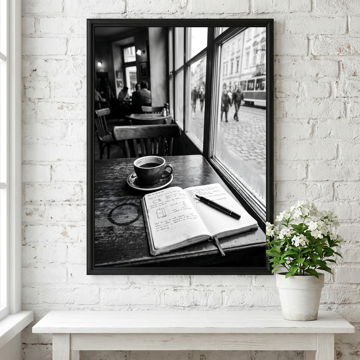 Black and white poster showing coffee cup and open notebook on wooden table by window with street view