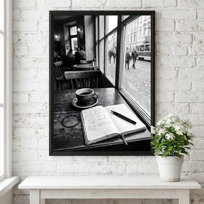 Black and white poster showing coffee cup and open notebook on wooden table by window with street view