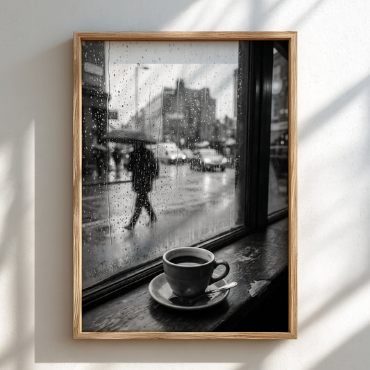 Black and white poster of coffee cup on window sill with rainy street and walking figure outside