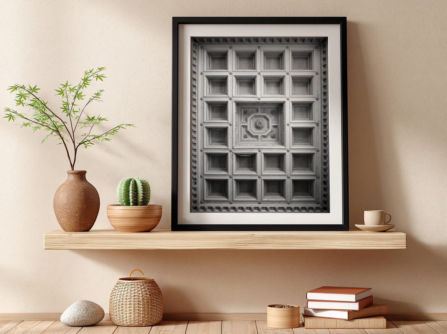 Framed architectural poster showing black and white coffered ceiling with geometric patterns and ornate