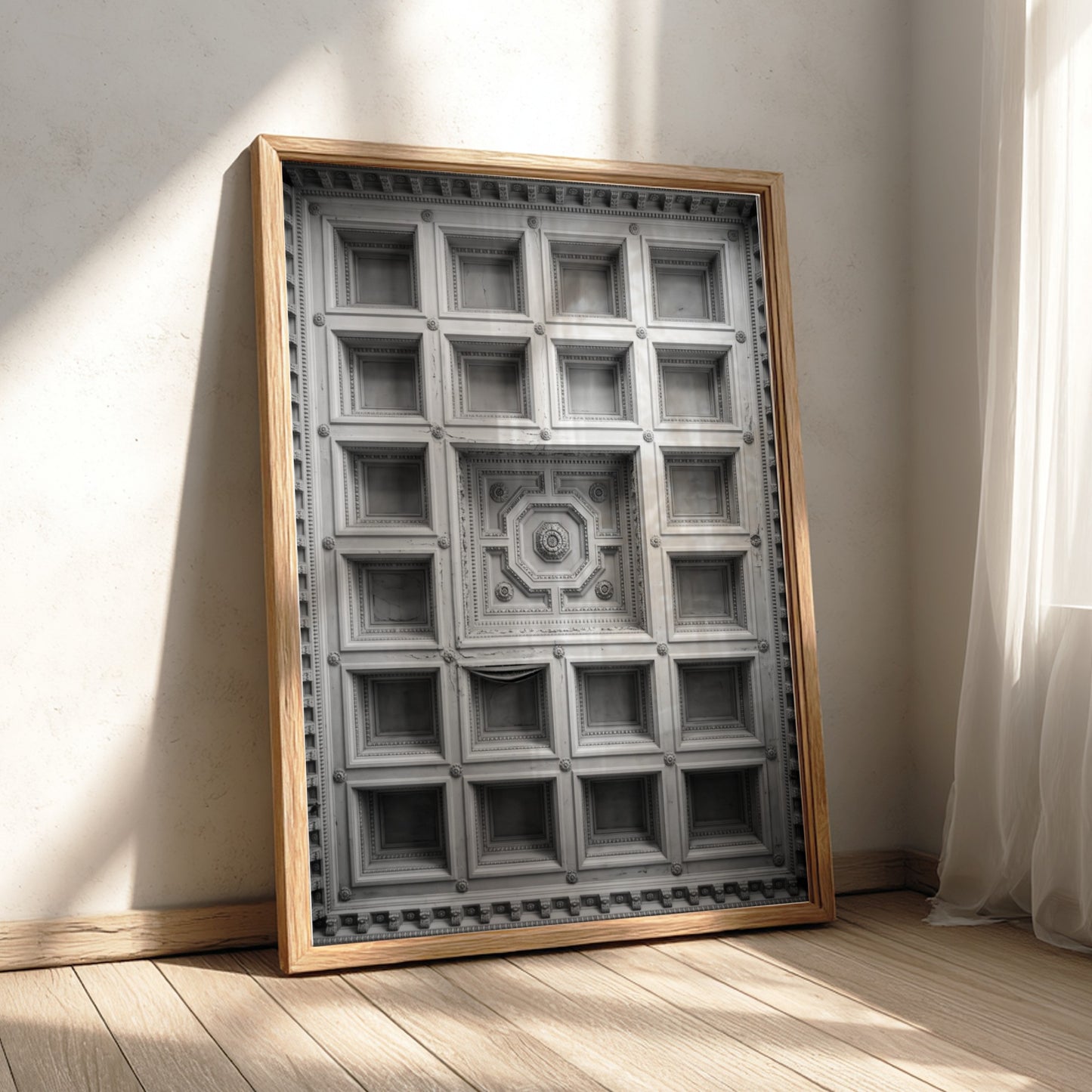 Framed architectural poster showing black and white coffered ceiling with geometric patterns and ornate