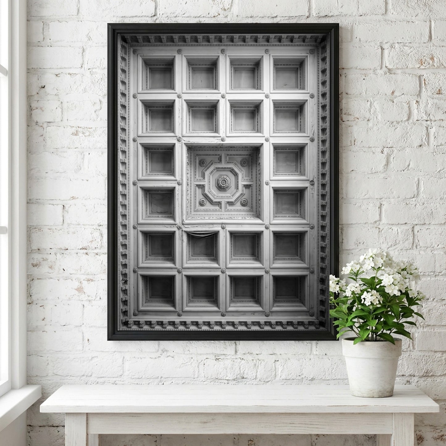 Framed architectural poster showing black and white coffered ceiling with geometric patterns and ornate