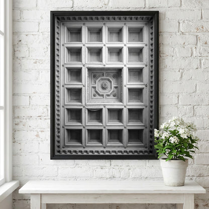 Framed architectural poster showing black and white coffered ceiling with geometric patterns and ornate