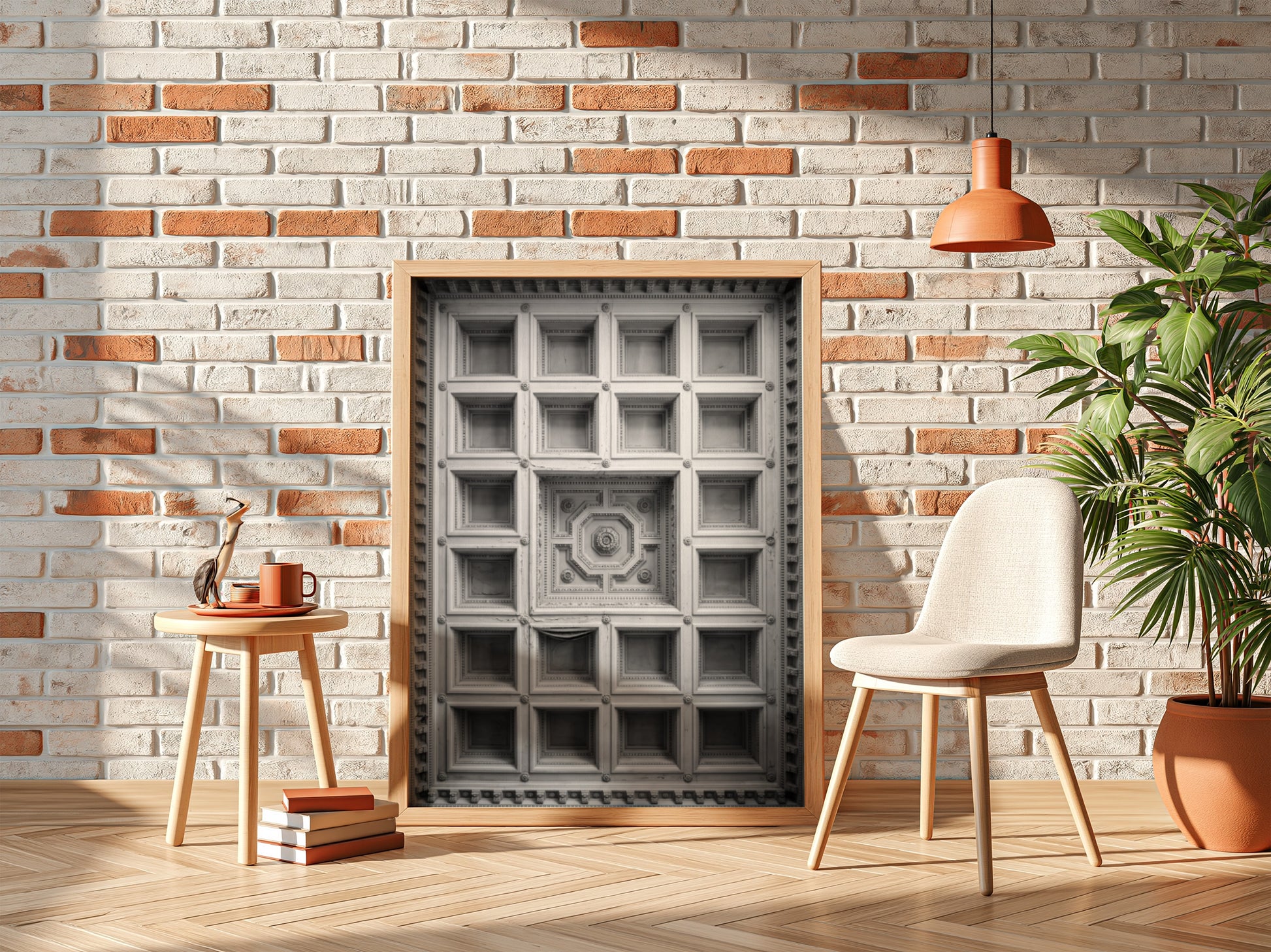 Framed architectural poster showing black and white coffered ceiling with geometric patterns and ornate