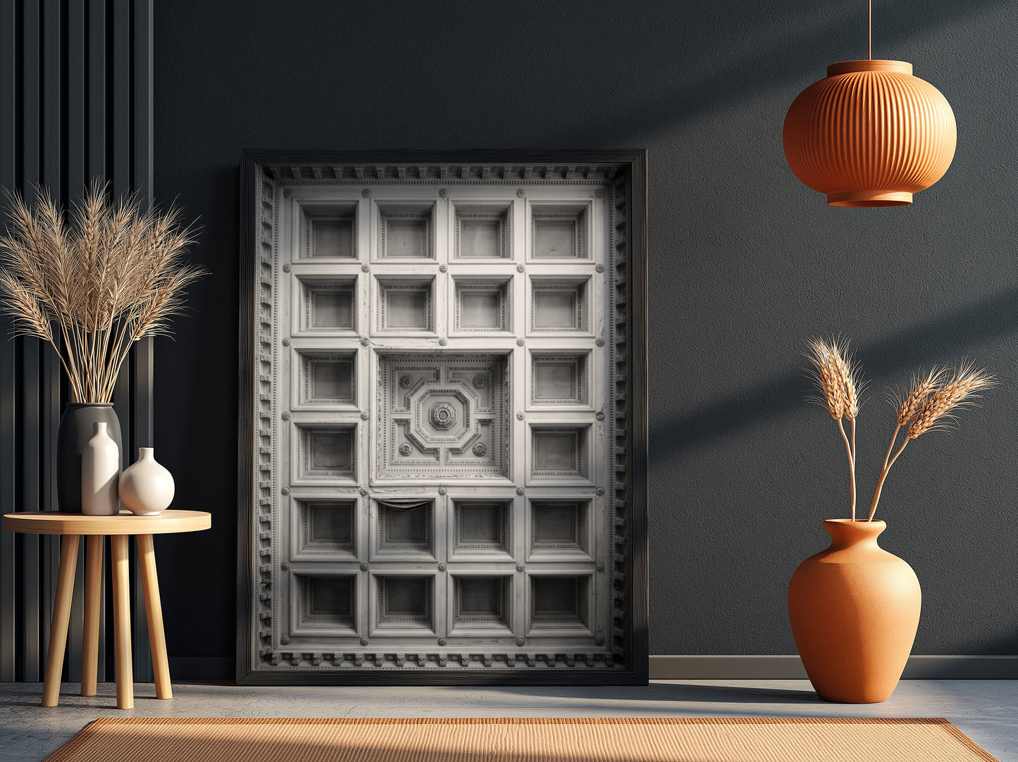 Framed architectural poster showing black and white coffered ceiling with geometric patterns and ornate