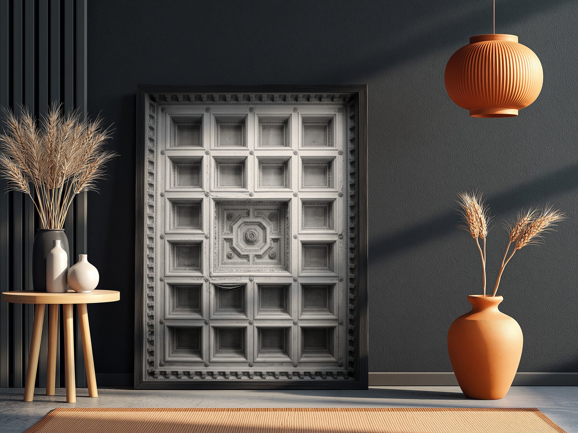 Framed architectural poster showing black and white coffered ceiling with geometric patterns and ornate