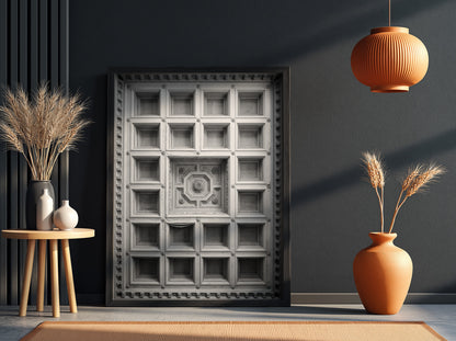 Framed architectural poster showing black and white coffered ceiling with geometric patterns and ornate