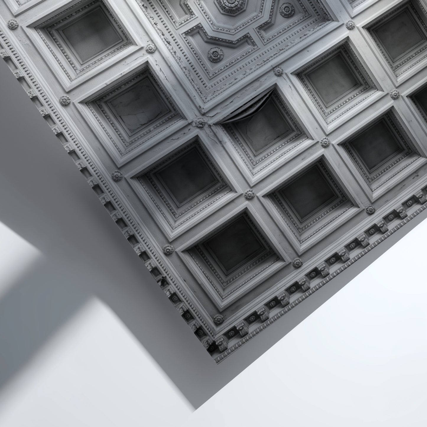 Framed architectural poster showing black and white coffered ceiling with geometric patterns and ornate