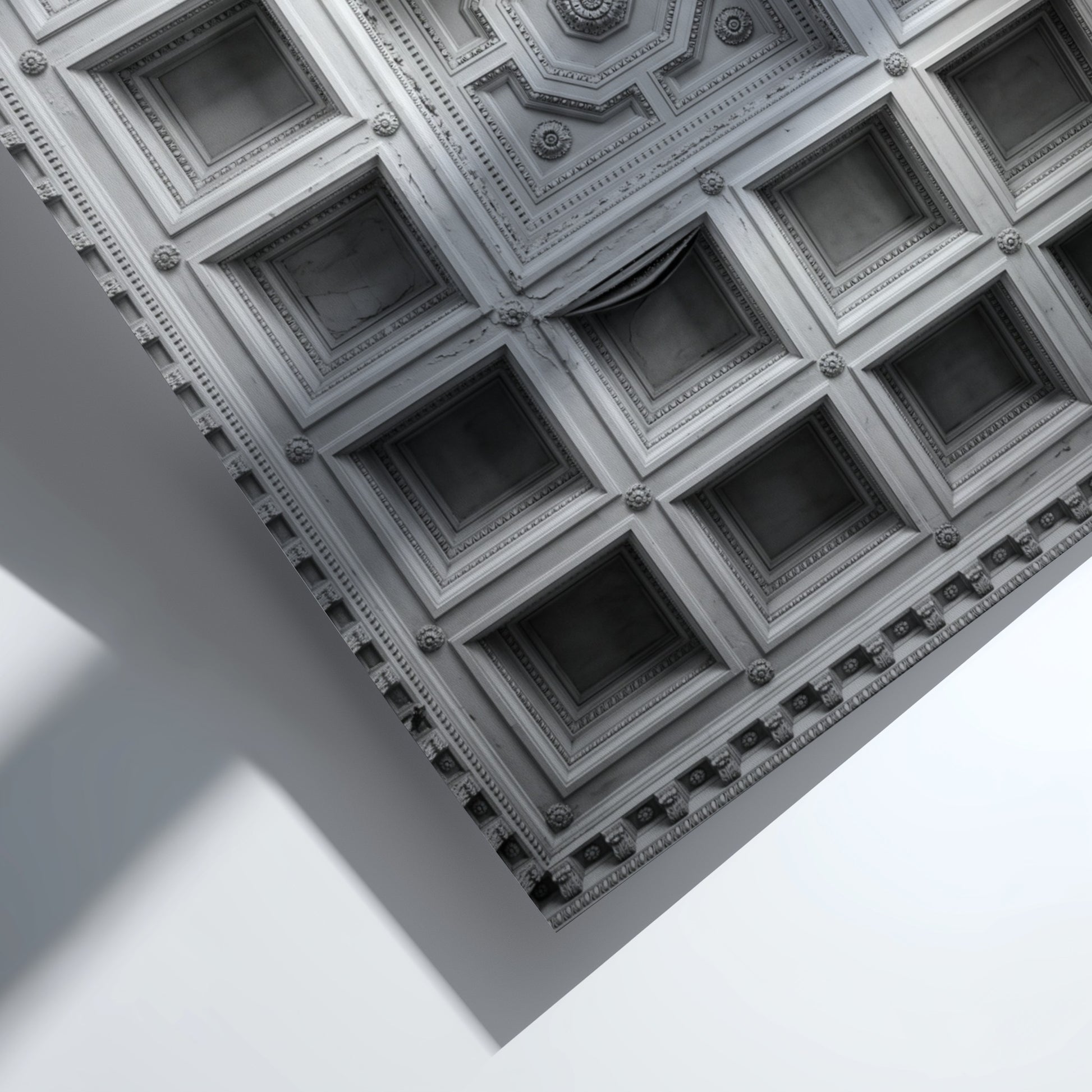 Framed architectural poster showing black and white coffered ceiling with geometric patterns and ornate