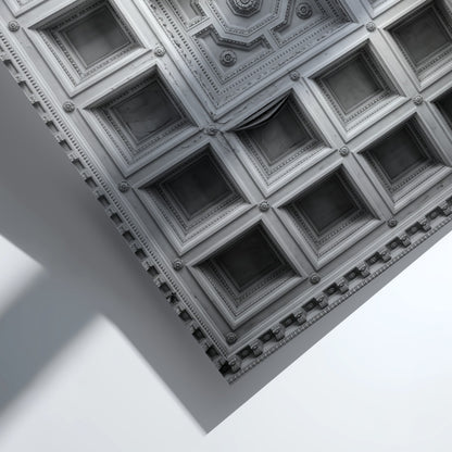 Framed architectural poster showing black and white coffered ceiling with geometric patterns and ornate