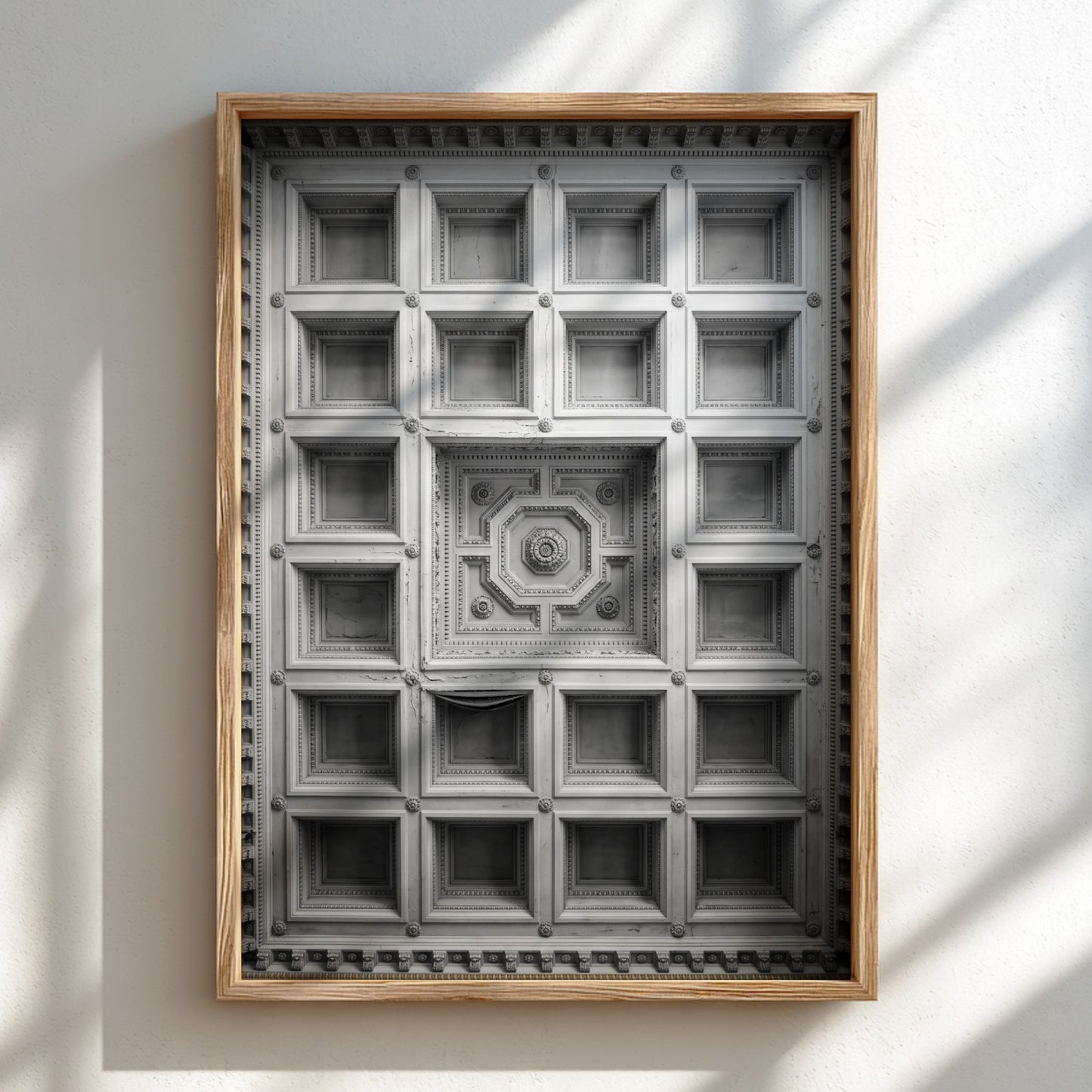 Framed architectural poster showing black and white coffered ceiling with geometric patterns and ornate