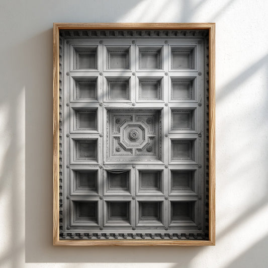 Framed architectural poster showing black and white coffered ceiling with geometric patterns and ornate