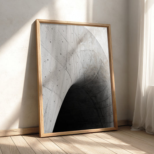 Concrete ramp wall decor with curving smooth grey concrete and dark shadow, minimalist architectural style