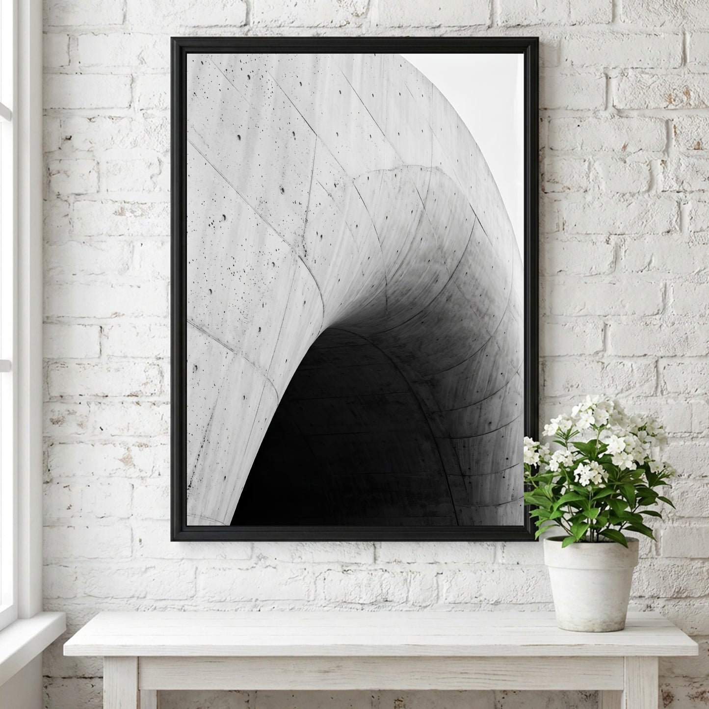 Concrete ramp wall decor with curving smooth grey concrete and dark shadow, minimalist architectural style