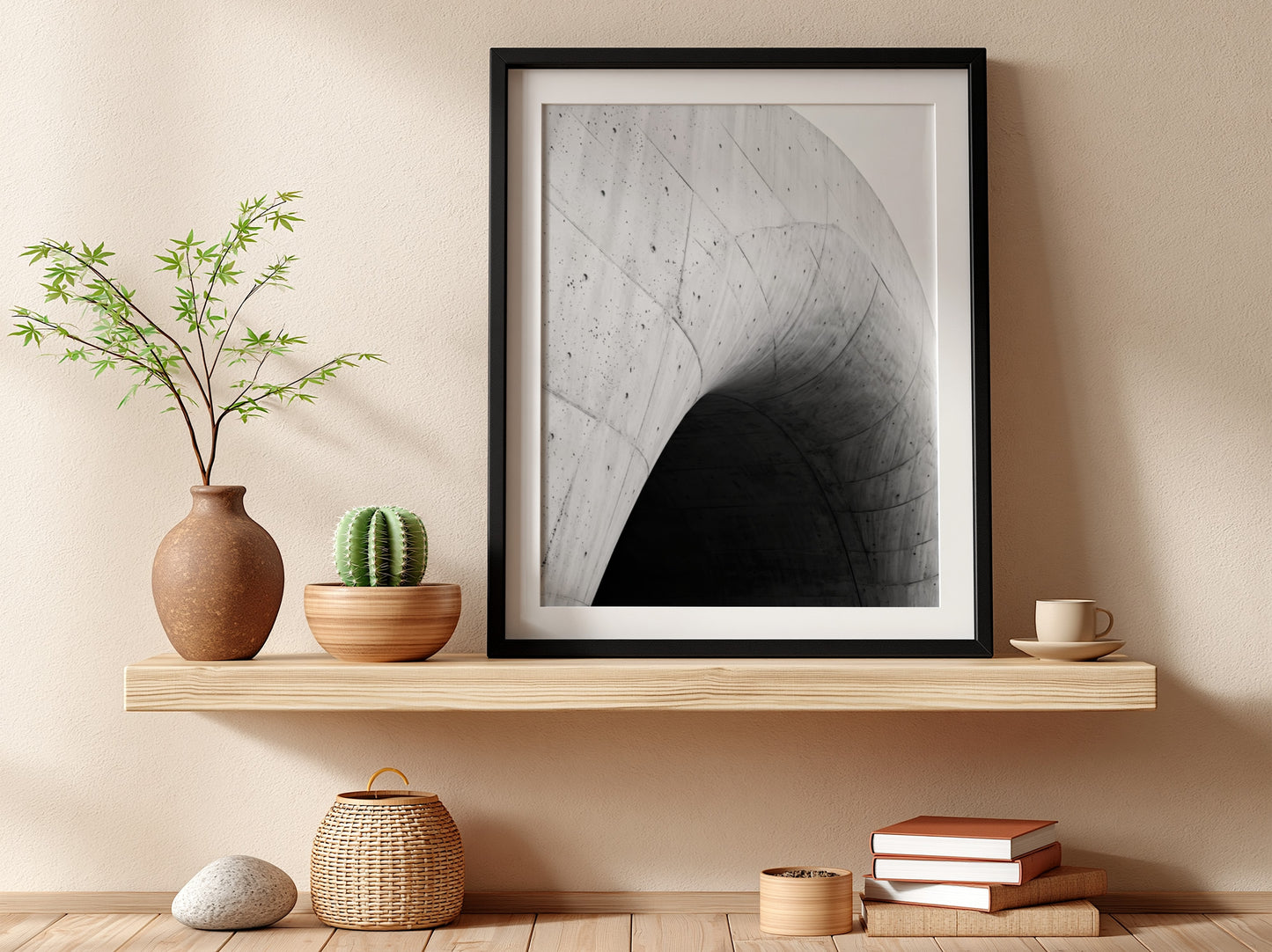 Concrete ramp wall decor with curving smooth grey concrete and dark shadow, minimalist architectural style