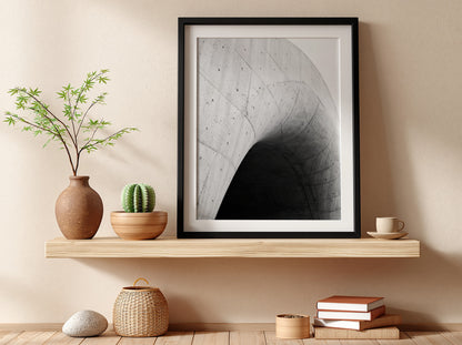 Concrete ramp wall decor with curving smooth grey concrete and dark shadow, minimalist architectural style