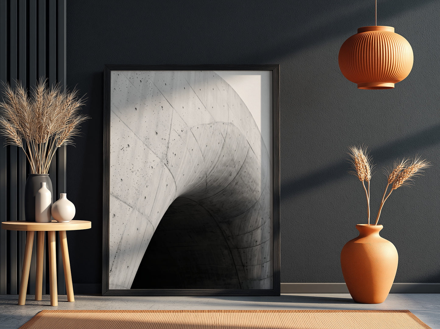 Concrete ramp wall decor with curving smooth grey concrete and dark shadow, minimalist architectural style