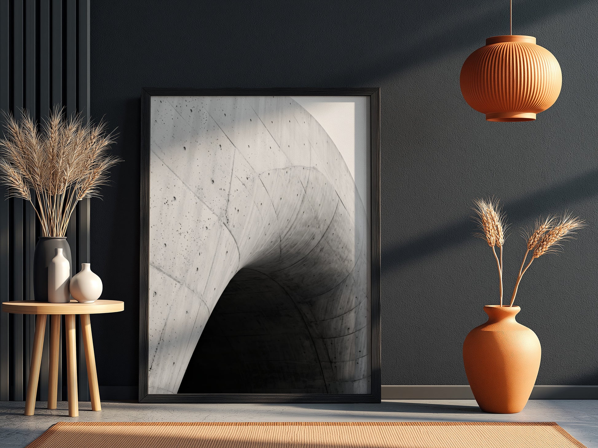 Concrete ramp wall decor with curving smooth grey concrete and dark shadow, minimalist architectural style