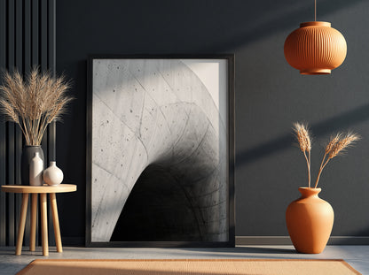 Concrete ramp wall decor with curving smooth grey concrete and dark shadow, minimalist architectural style