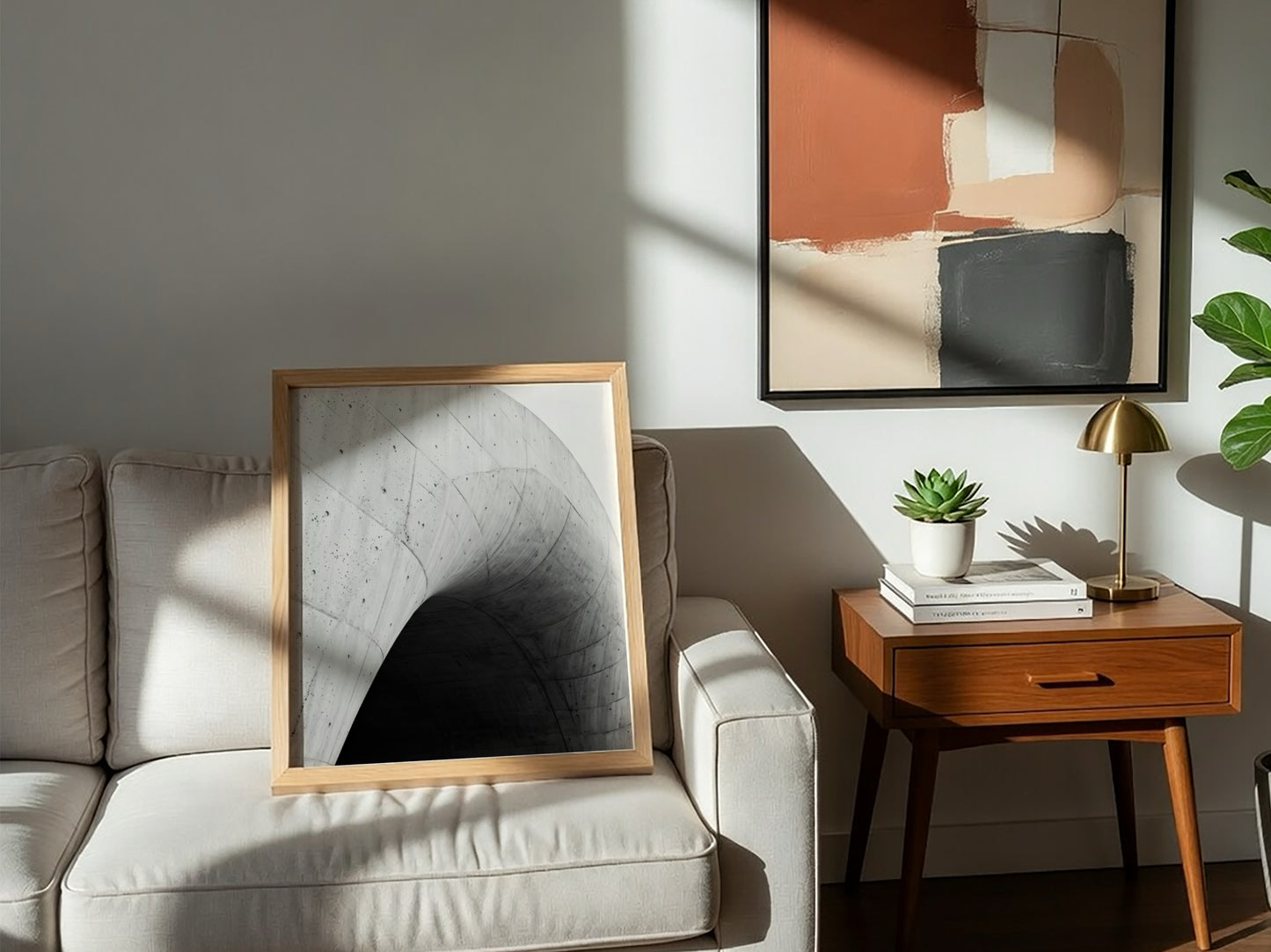 Concrete ramp wall decor with curving smooth grey concrete and dark shadow, minimalist architectural style