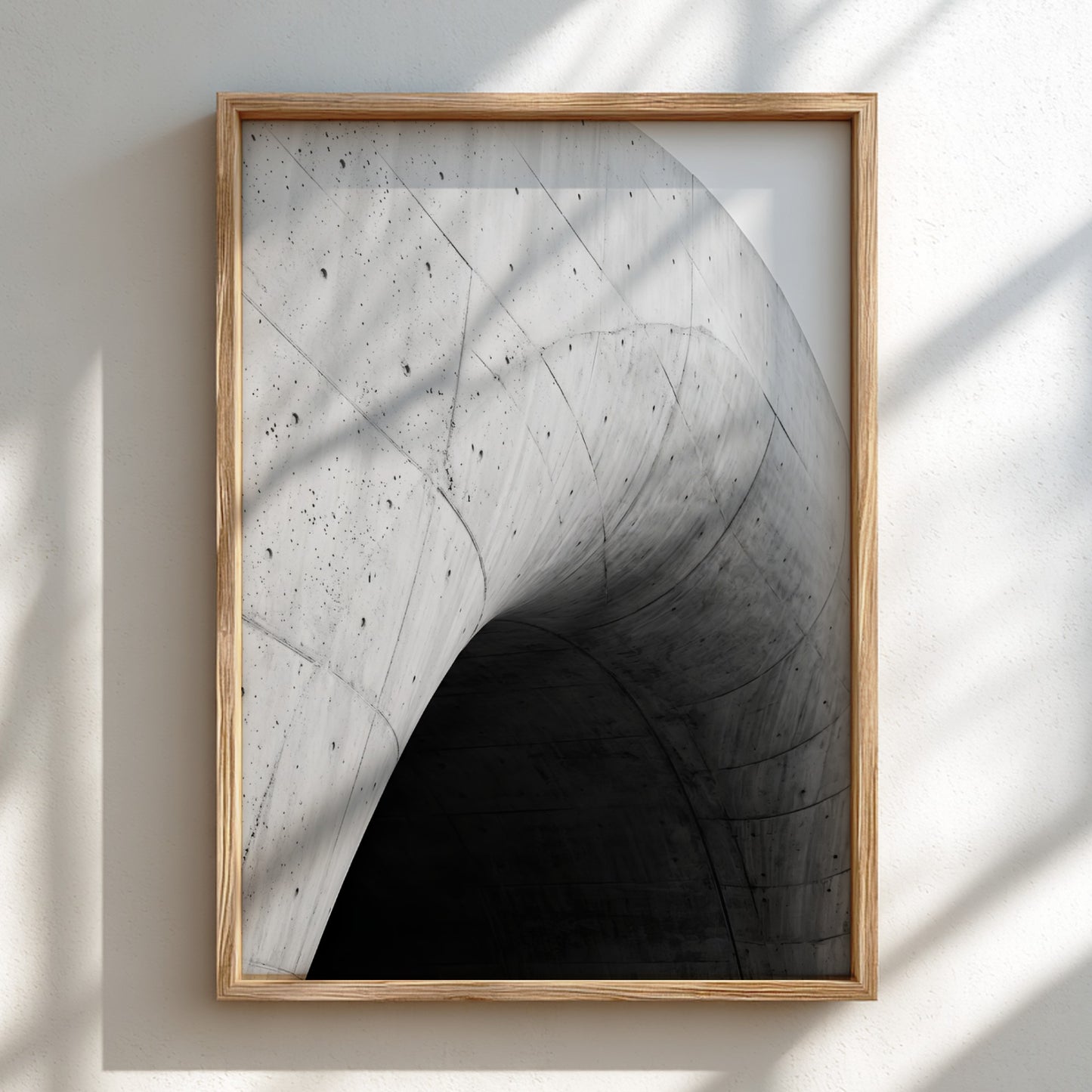 Concrete ramp wall decor with curving smooth grey concrete and dark shadow, minimalist architectural style