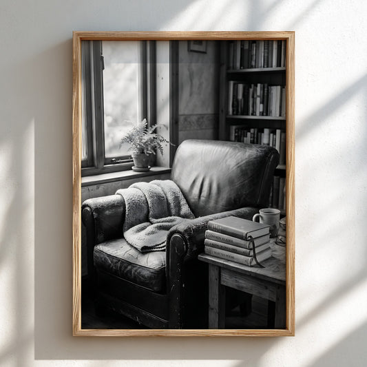 Poster of cozy reading corner with black leather armchair, knitted throw, stack of books, and rustic wooden