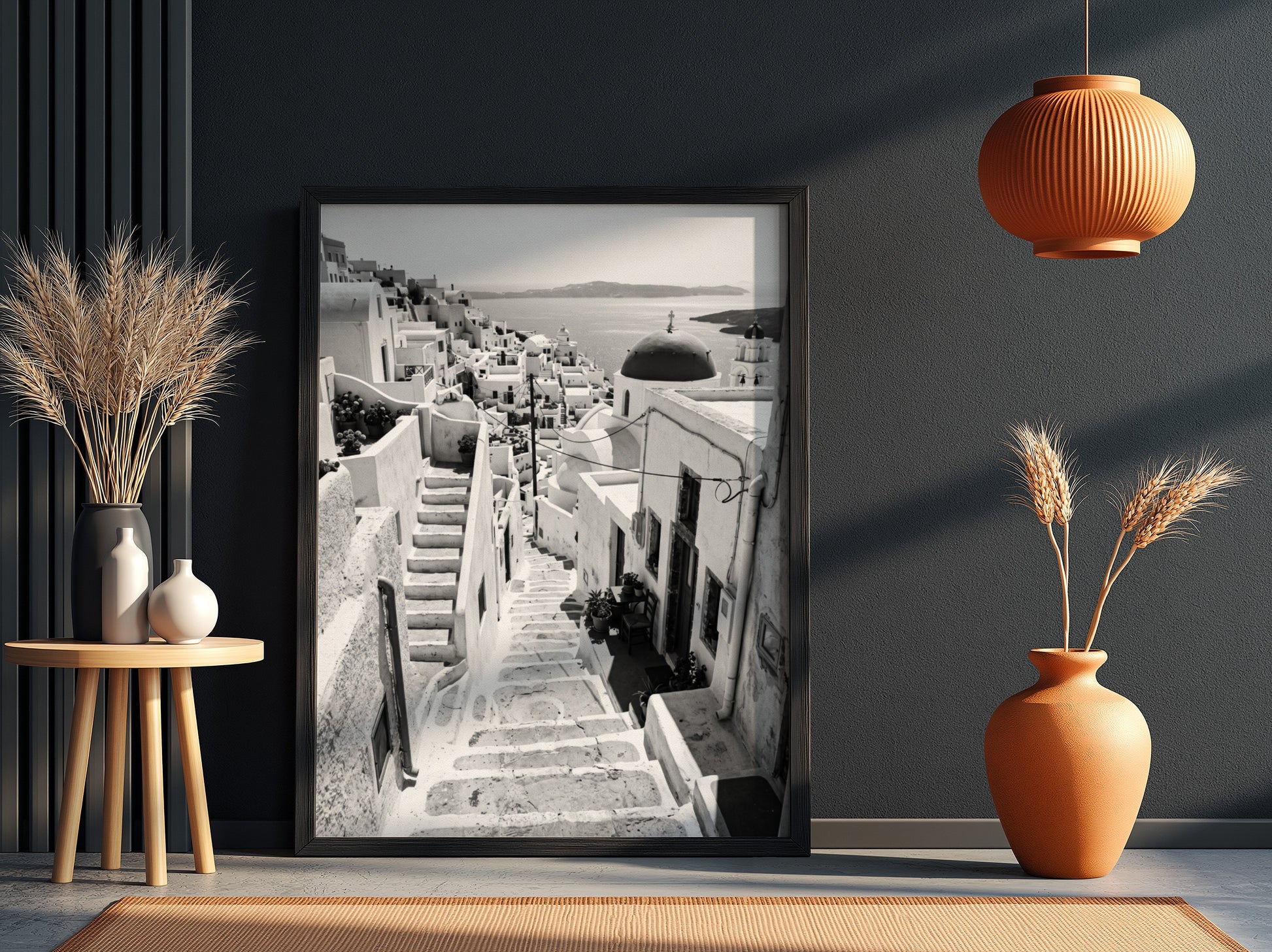 Framed black and white Cycladic steps winding between whitewashed buildings Mediterranean wall decor