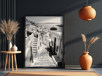 Framed black and white Cycladic steps winding between whitewashed buildings Mediterranean wall decor