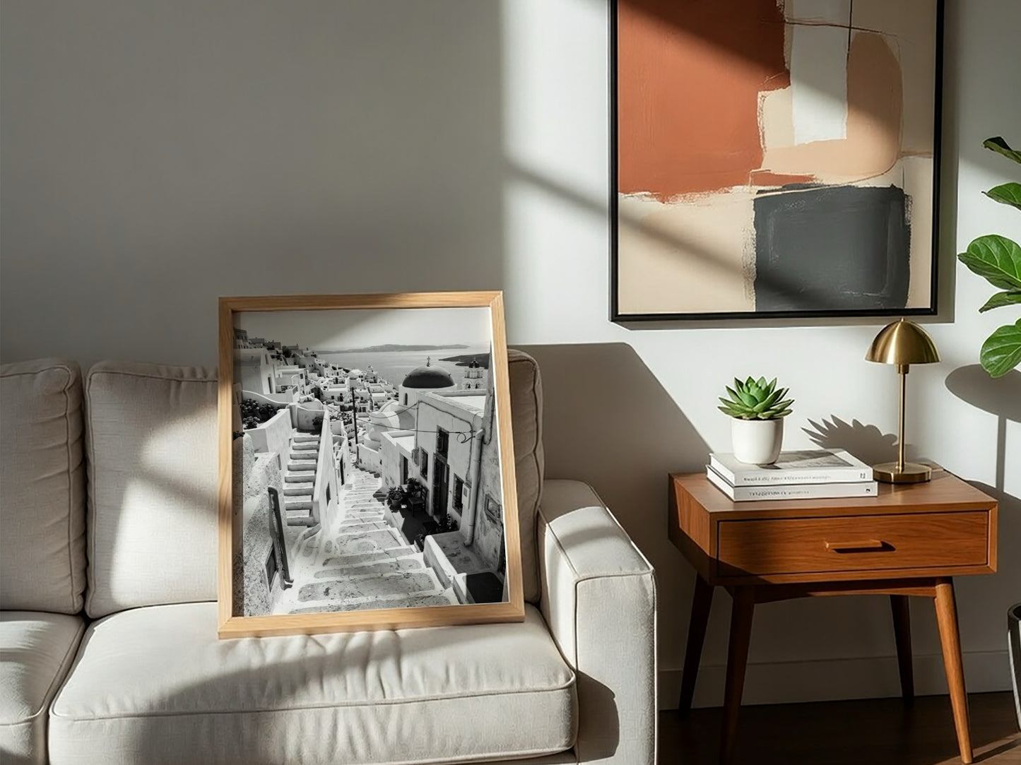 Framed black and white Cycladic steps winding between whitewashed buildings Mediterranean wall decor