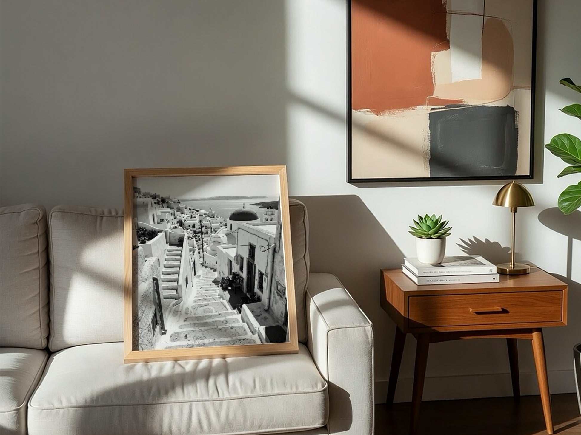 Framed black and white Cycladic steps winding between whitewashed buildings Mediterranean wall decor
