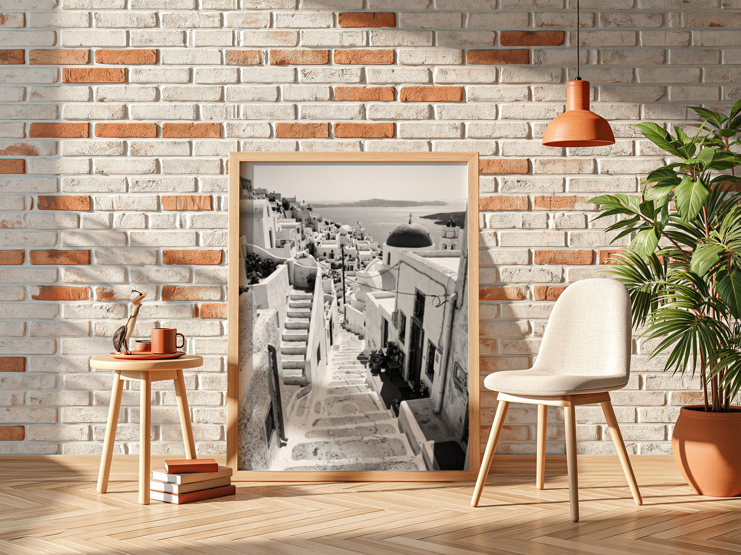Framed black and white Cycladic steps winding between whitewashed buildings Mediterranean wall decor