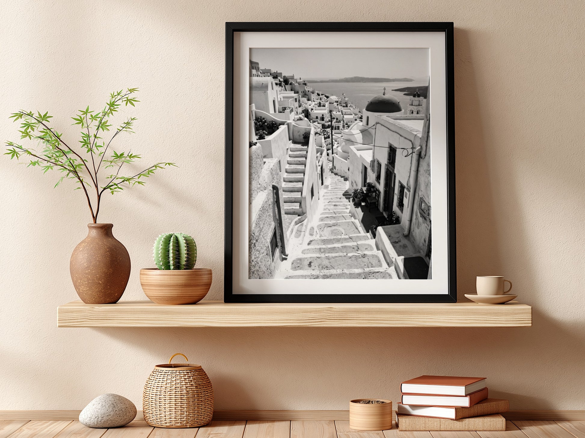 Framed black and white Cycladic steps winding between whitewashed buildings Mediterranean wall decor
