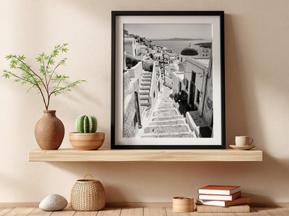 Framed black and white Cycladic steps winding between whitewashed buildings Mediterranean wall decor