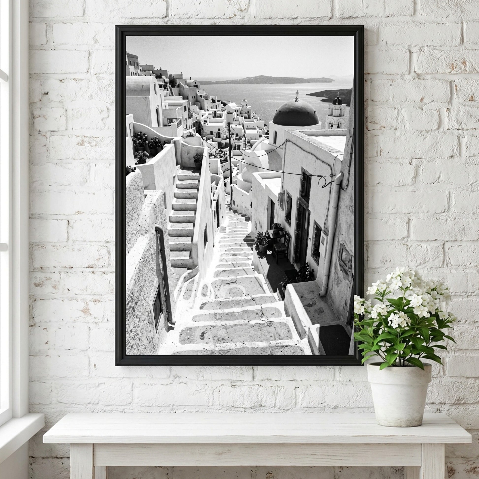 Framed black and white Cycladic steps winding between whitewashed buildings Mediterranean wall decor