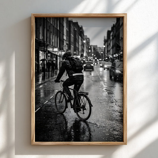 Poster of cyclist riding through rain on wet city street in black and white