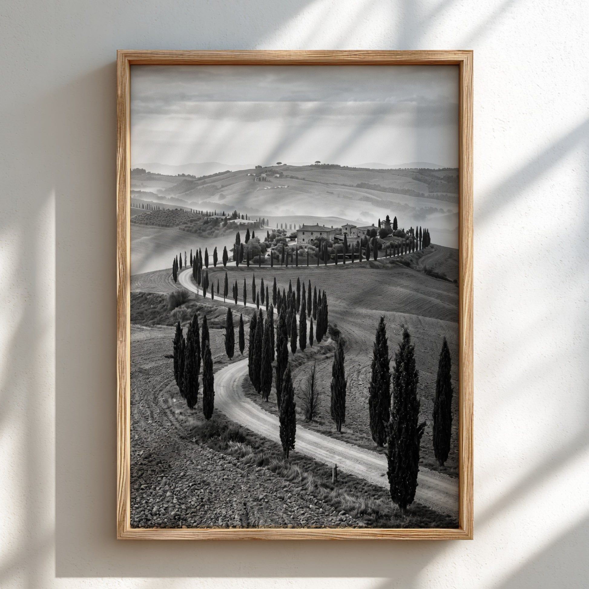 Black and white wall decor featuring tall cypress trees lining winding road on rolling hills